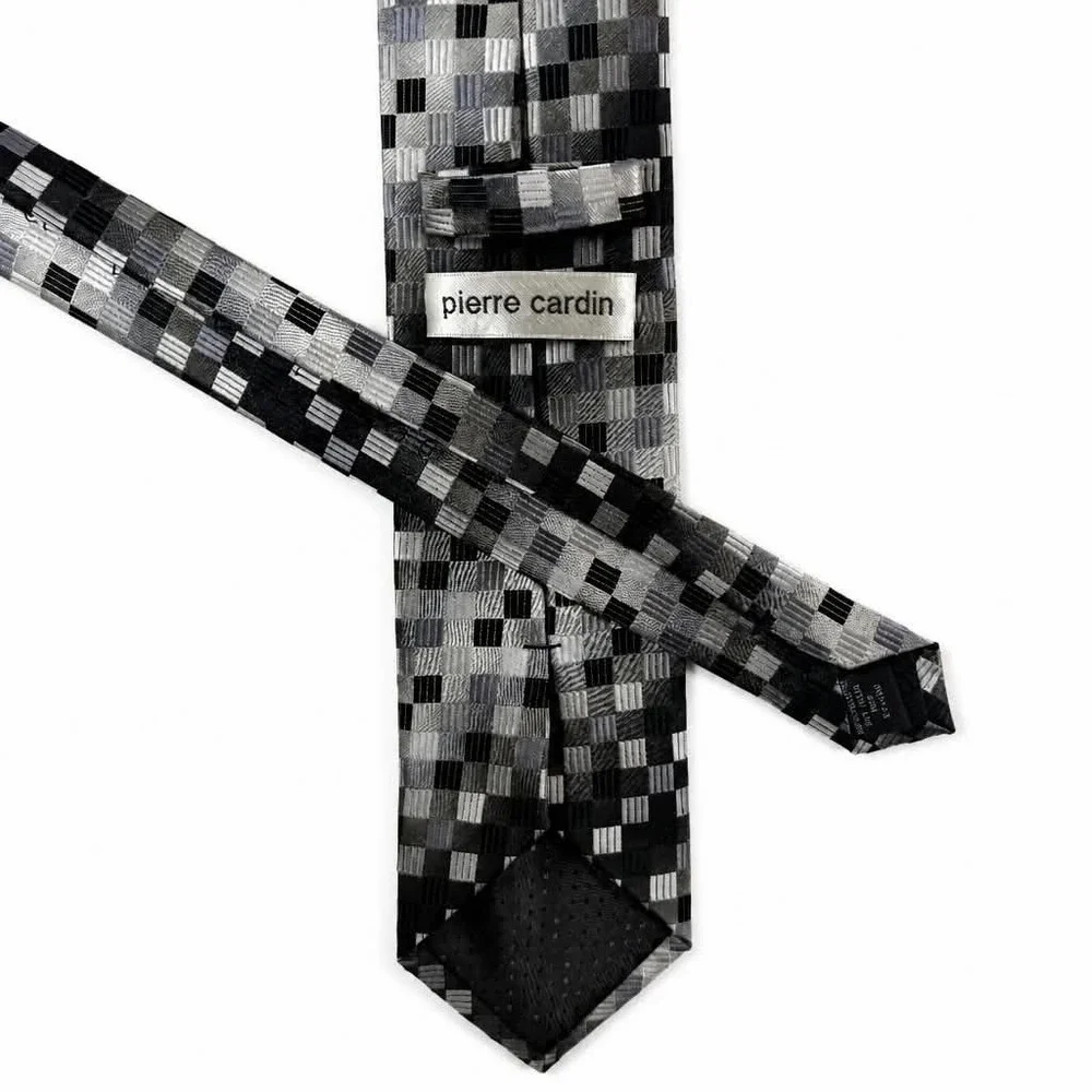 Pierre Cardin Tie Mens Gray Black Metallic Grid Geometric Checkerboard